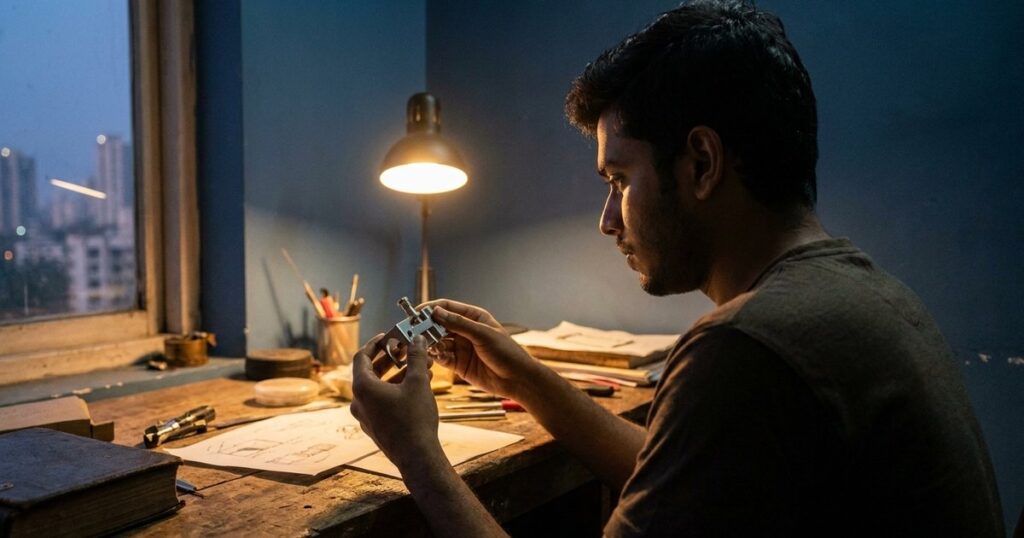 An Indian entrepreneur thoughtfully examines a prototype product, highlighting the article's focus on learning to sell effectively.