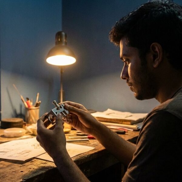 An Indian entrepreneur thoughtfully examines a prototype product, highlighting the article's focus on learning to sell effectively.