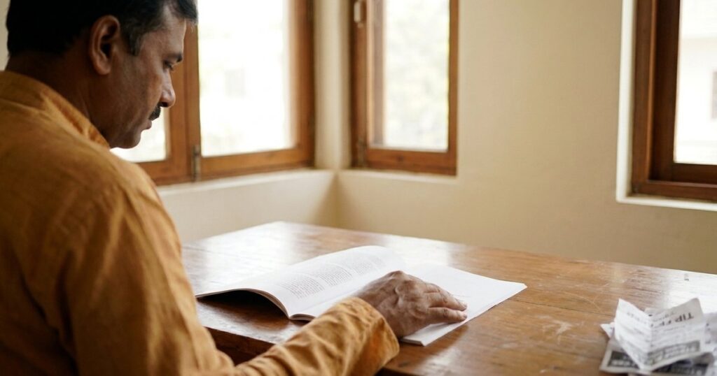 Indian investor independently reviewing an annual report instead of following market tips.