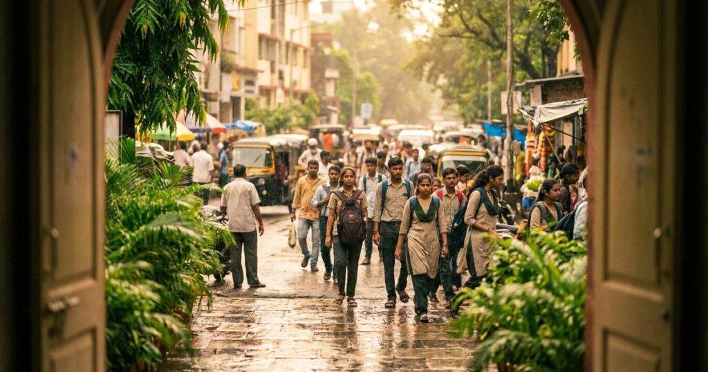 Indian students near a coaching center, highlighting societal expectations and mental reframing challenges.