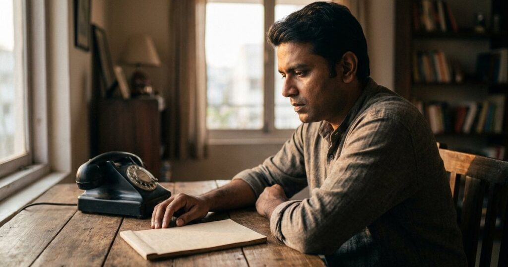 An Indian founder in a home office uses AI tools to enhance sales, sitting by a vintage telephone and a blank notepad.
