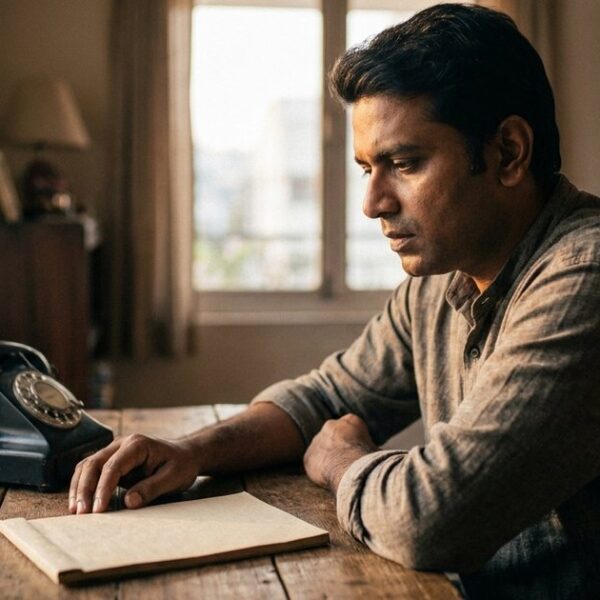 An Indian founder in a home office uses AI tools to enhance sales, sitting by a vintage telephone and a blank notepad.