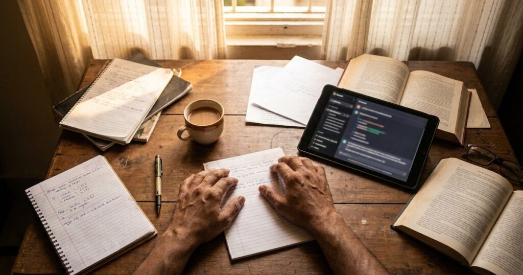 An Indian professional's hands work on a cluttered desk, illustrating the use of AI in organizing workflows.