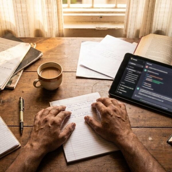 An Indian professional's hands work on a cluttered desk, illustrating the use of AI in organizing workflows.