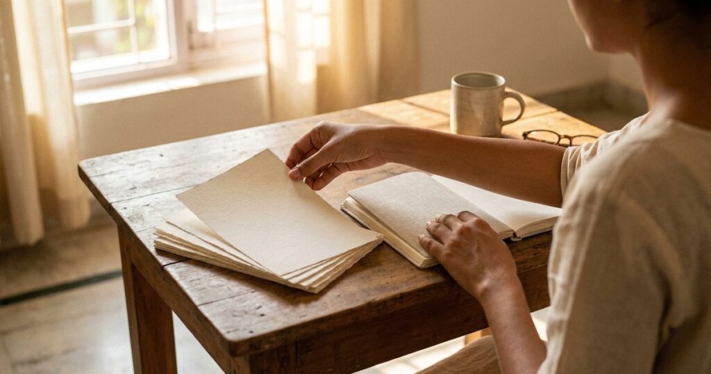A person curates a personal reframe library by sorting through papers at a sunlit wooden desk.