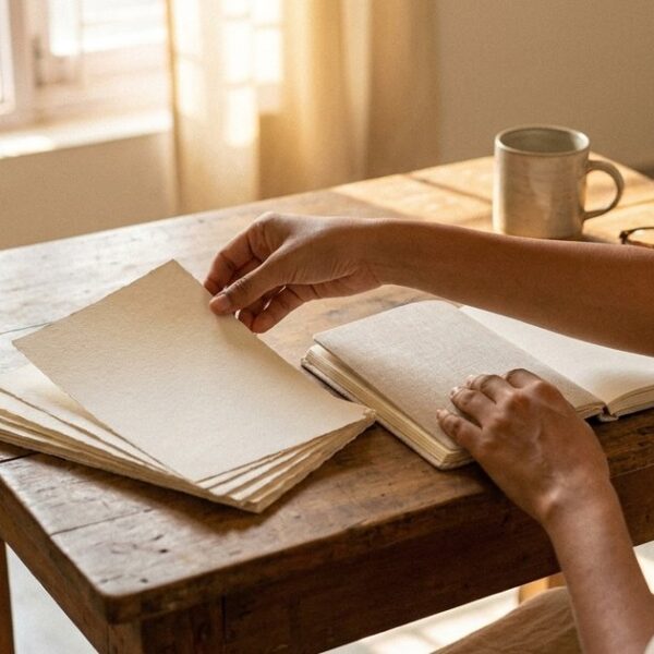 A person curates a personal reframe library by sorting through papers at a sunlit wooden desk.
