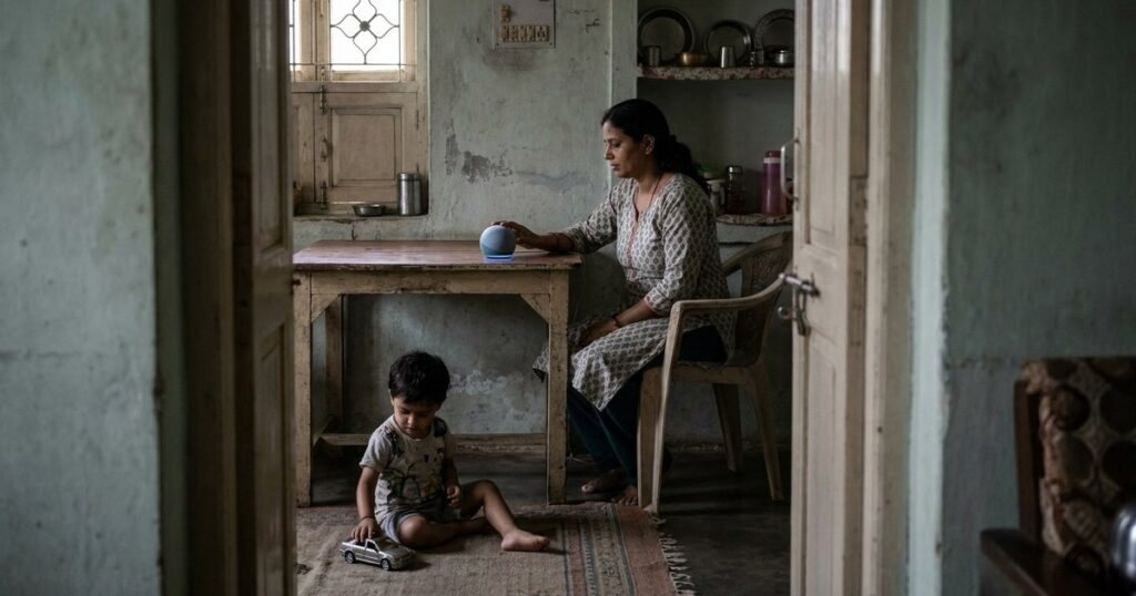 Indian mother and child use technology for daily tasks, illustrating AI's role in family life.
