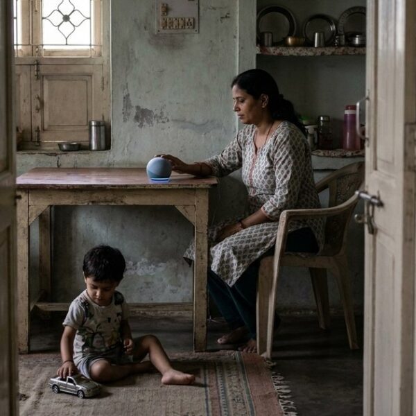Indian mother and child use technology for daily tasks, illustrating AI's role in family life.