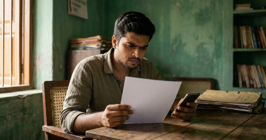 A young Indian professional prepares a concise value letter for a job meeting, sitting at a wooden table with a phone and paper.