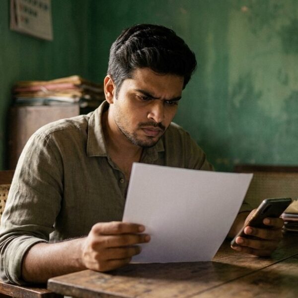 A young Indian professional prepares a concise value letter for a job meeting, sitting at a wooden table with a phone and paper.