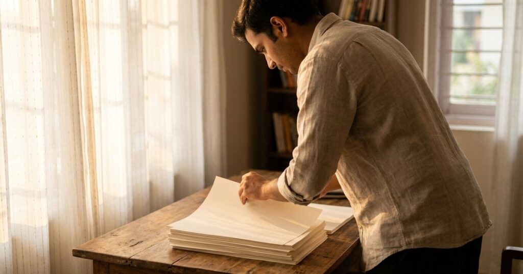 An Indian professional absorbed in task at a wooden desk, reflecting on advanced applications for founders, students, and professionals.