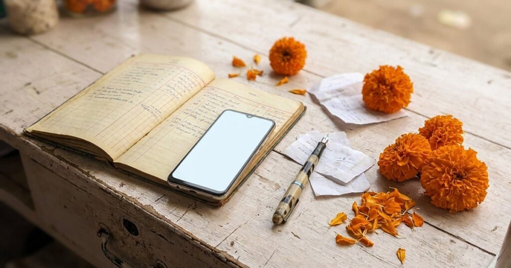 Flat-lay of an Indian ledger book with a smartphone, illustrating traditional and modern business in India.