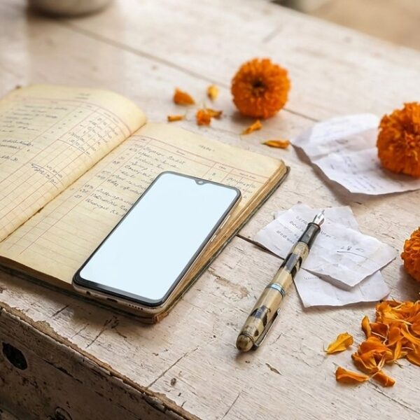 Flat-lay of an Indian ledger book with a smartphone, illustrating traditional and modern business in India.