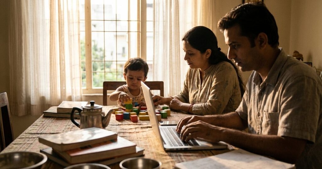 An Indian family balances work and parenting, embodying the integration theme from 'Indian Case Studies in Depth'.