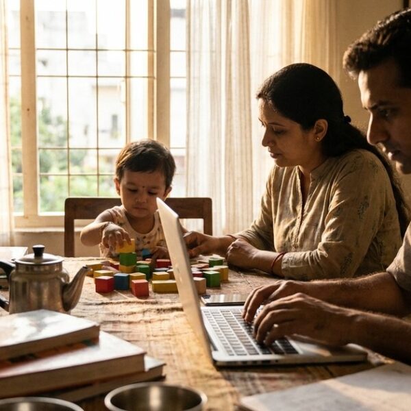 An Indian family balances work and parenting, embodying the integration theme from 'Indian Case Studies in Depth'.
