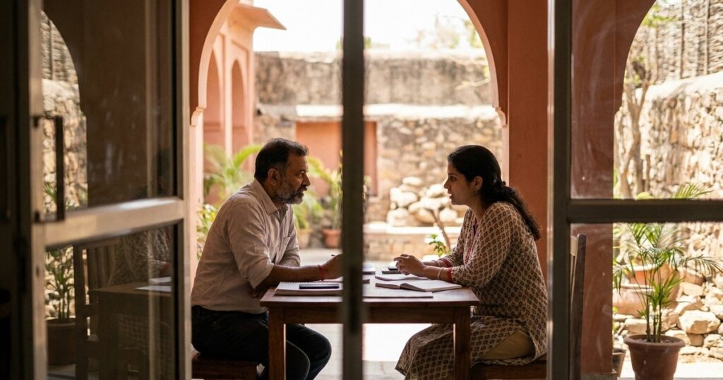 Two people in a candid meeting in an Indian setting, reflecting on a 30-day strategy calendar implementation.