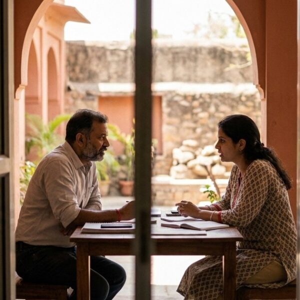 Two people in a candid meeting in an Indian setting, reflecting on a 30-day strategy calendar implementation.