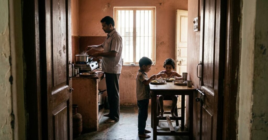 An Indian father serves breakfast to his children in a home kitchen, illustrating a family operating rhythm.