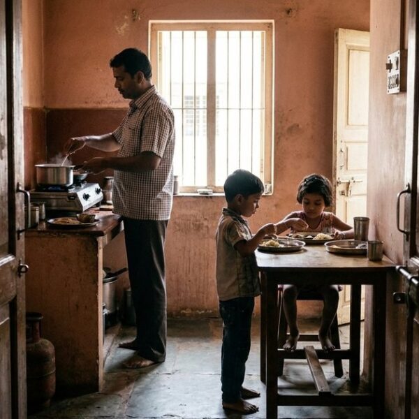 An Indian father serves breakfast to his children in a home kitchen, illustrating a family operating rhythm.