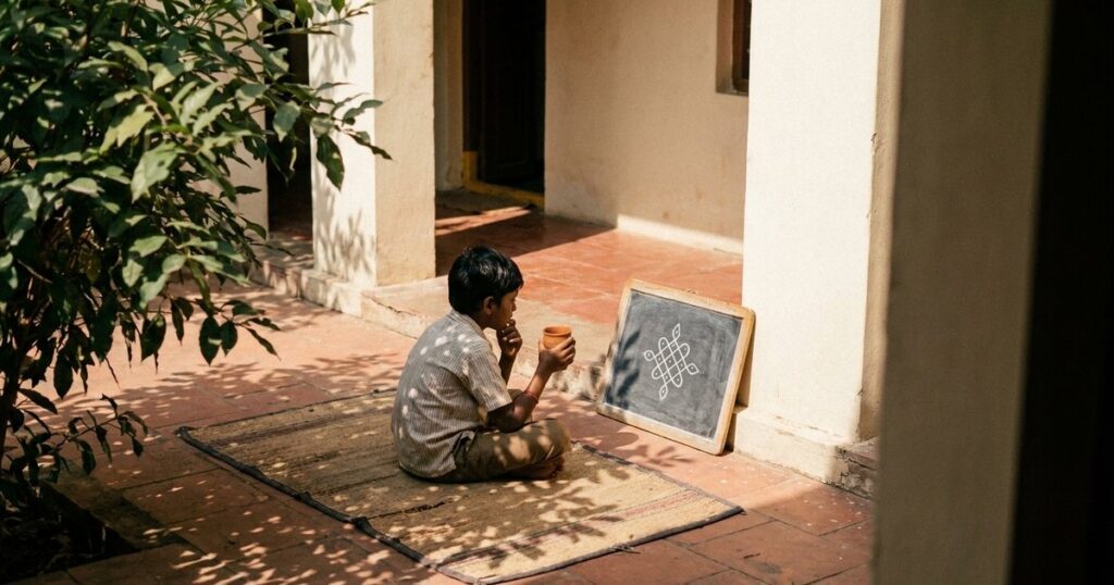 A person in an Indian courtyard reflects on daily practice systems, seated with a clay cup beside a small chalkboard.