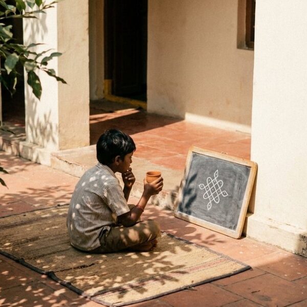 A person in an Indian courtyard reflects on daily practice systems, seated with a clay cup beside a small chalkboard.