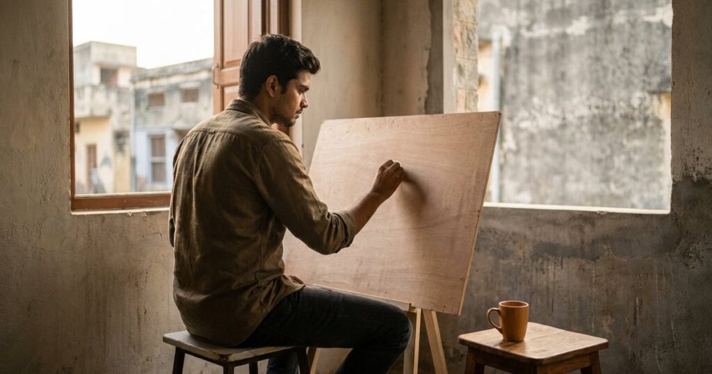 A young Indian person sketches on a blank board, symbolizing strategies for creating new job opportunities when none exist.