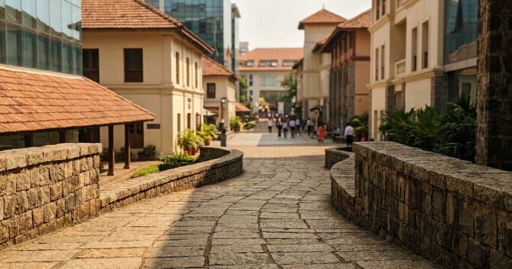 A pathway in an Indian business district symbolizes the 30-day NLP action plan for communication improvement.