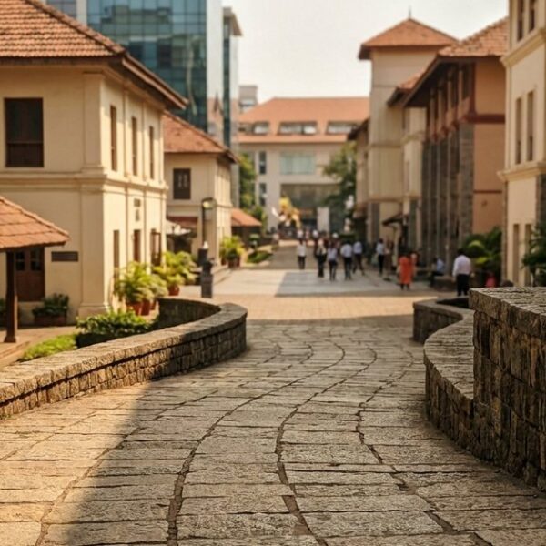 A pathway in an Indian business district symbolizes the 30-day NLP action plan for communication improvement.