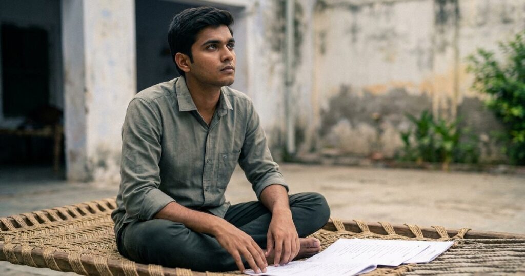 An Indian student contemplating an exam paper, reflecting on reframing exam pressures as discussed in the article.