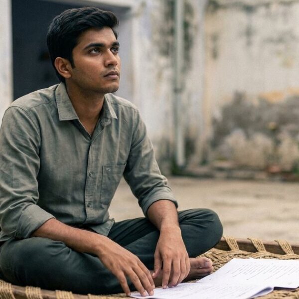 An Indian student contemplating an exam paper, reflecting on reframing exam pressures as discussed in the article.