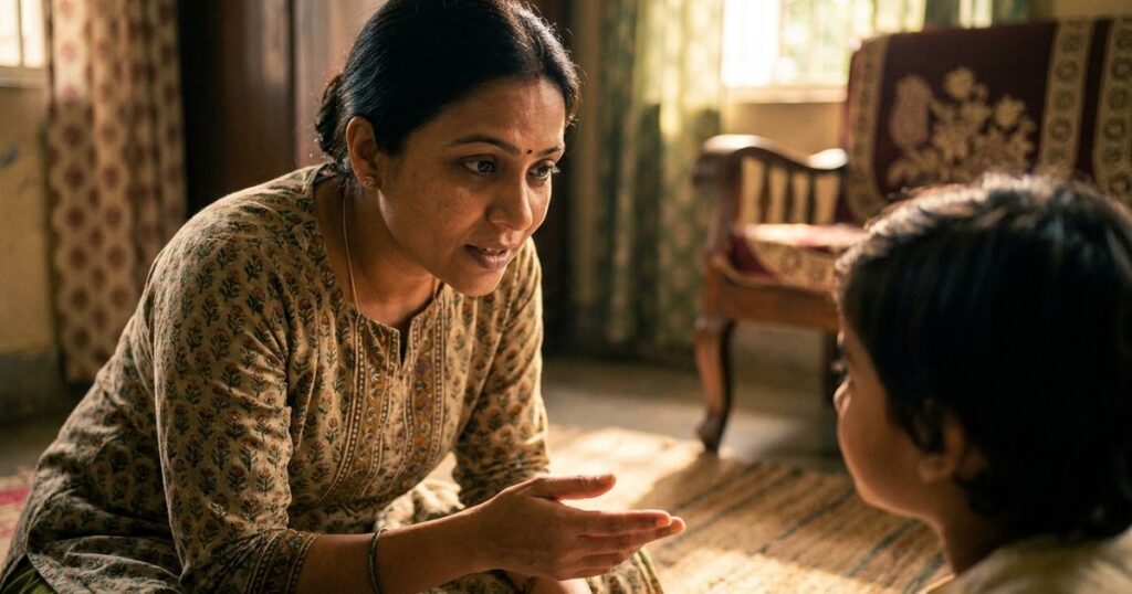 A mother and child in an Indian living room discuss reframing setbacks as learning opportunities for the article's topic.