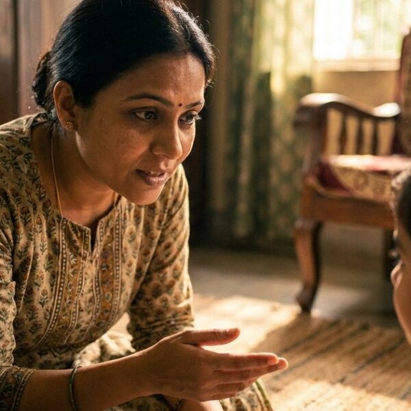 A mother and child in an Indian living room discuss reframing setbacks as learning opportunities for the article's topic.