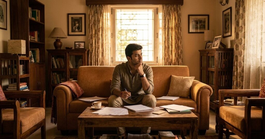 A young professional plans their ideal life in a warm Indian living room, reflecting on the article's theme of defining one's path.