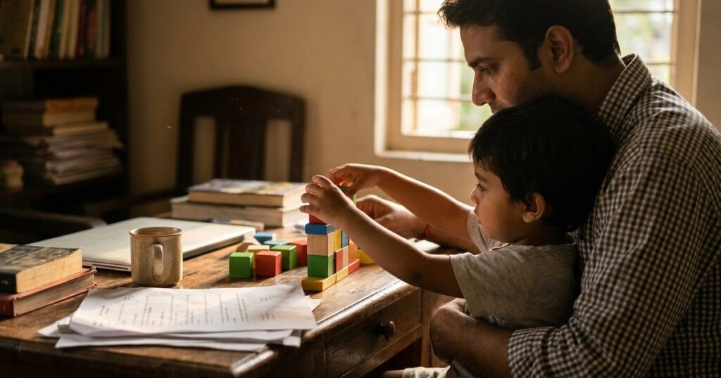 A father and child bond over building blocks in an Indian office, highlighting work-life balance in the 70-hour work week debate.