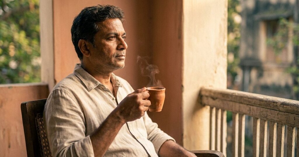 An Indian man in a veranda reflects with chai, illustrating reframing narratives for better emotions and actions.