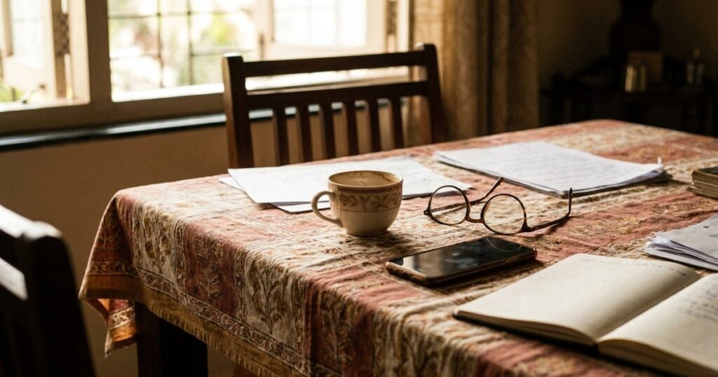 Indian home workspace with personal items, symbolizing a startup founder's early sales efforts before first customer.