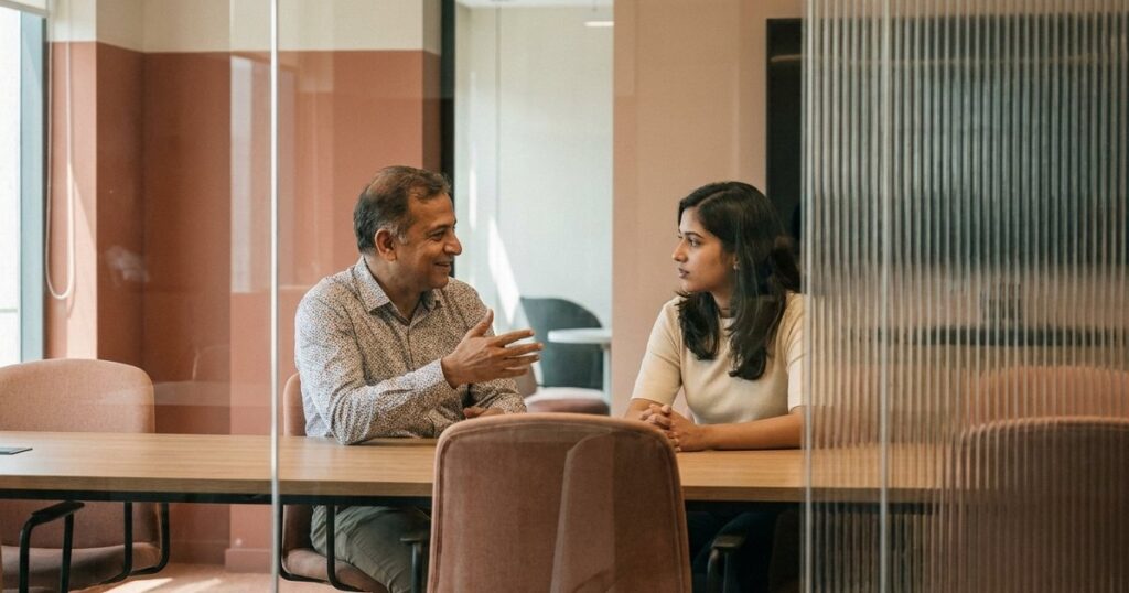 Two people discussing perspectives in an office, reflecting the NLP principle of internal maps of reality.