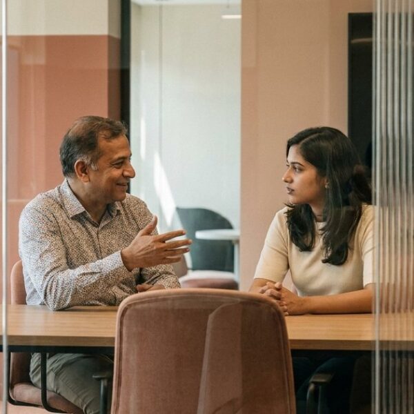 Two people discussing perspectives in an office, reflecting the NLP principle of internal maps of reality.