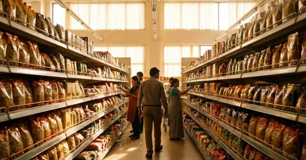 Indian retail manager walking through a bright store aisle, evoking patient probabilistic investing and long-term decisions.