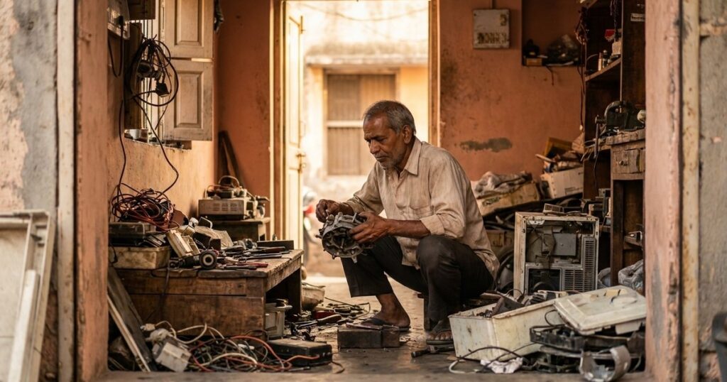 An Indian craftsman working in a repair shop, highlighting practical skills discussed in an article about employer expectations.