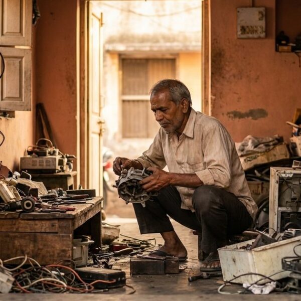 An Indian craftsman working in a repair shop, highlighting practical skills discussed in an article about employer expectations.