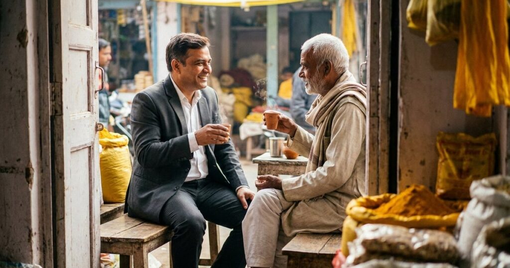 A business conversation over chai in Delhi, illustrating rapport-building in Indian business settings.