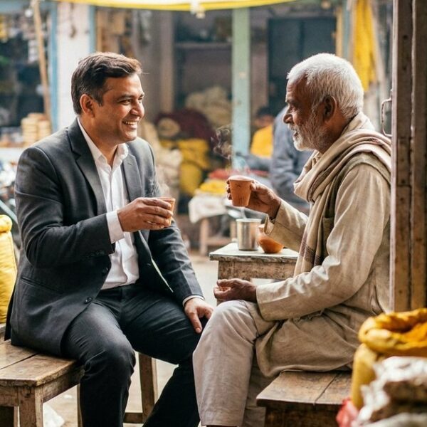 A business conversation over chai in Delhi, illustrating rapport-building in Indian business settings.