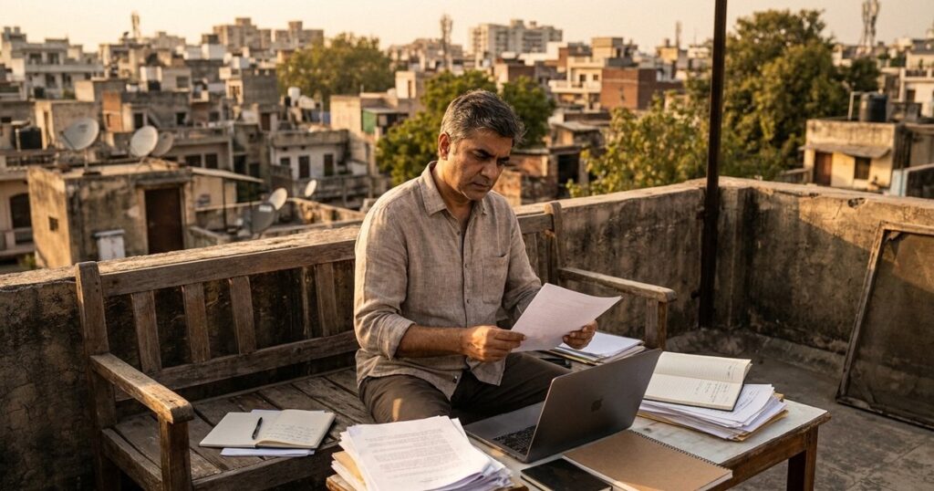 An Indian man reviews side hustle ideas on a rooftop terrace with a city view, embodying Chris Guillebeau's method.
