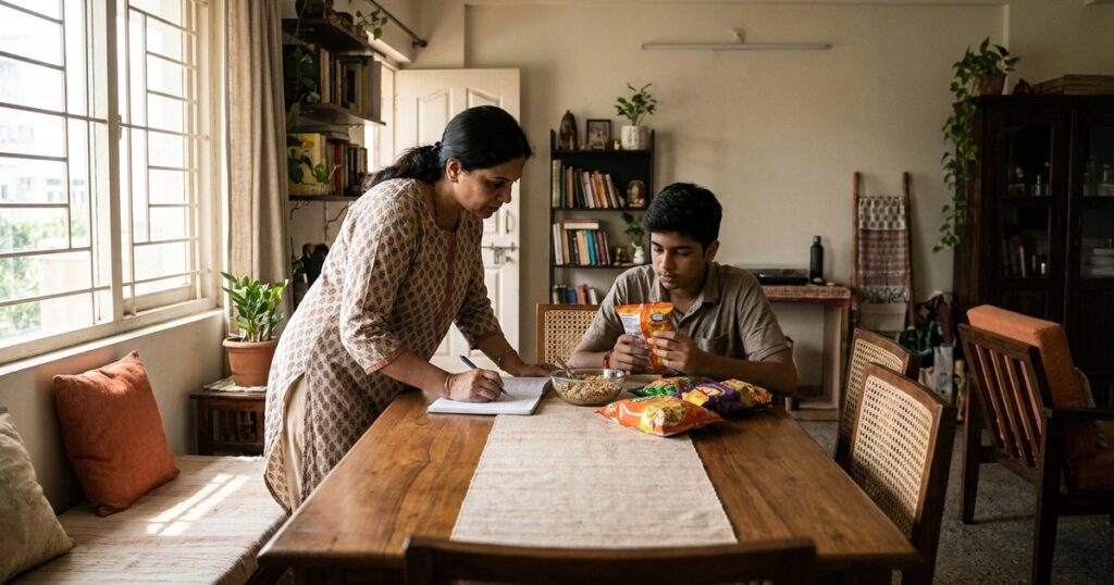 Mother and son manage home-based business roles at a family dining table, illustrating joint family space dynamics in India.