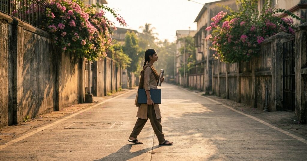 A student in Mumbai walks energetically at sunrise, illustrating the theme of managing energy, not just time.