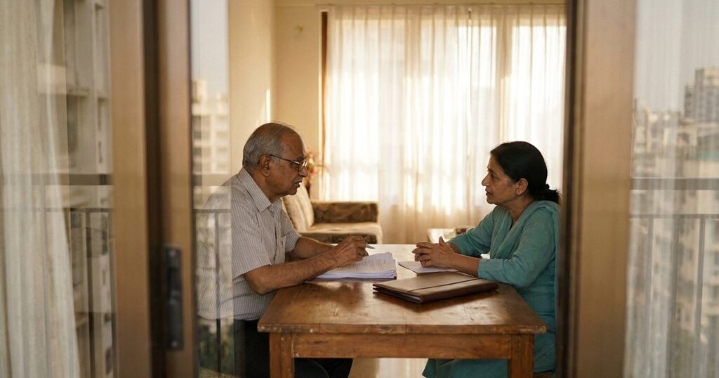 Two Indian family members discuss long-term investing through a sunlit glass balcony door