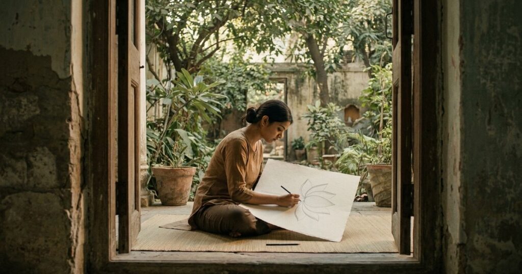 A young woman in an Indian garden draws a flower with seven petals, representing life aspects for career alignment.