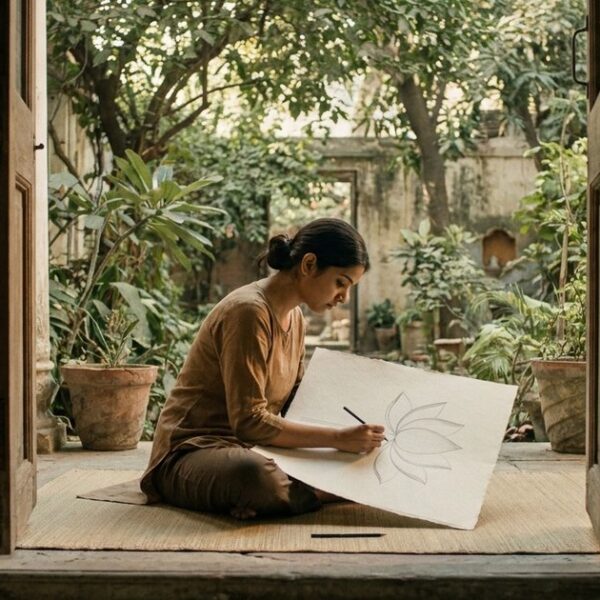 A young woman in an Indian garden draws a flower with seven petals, representing life aspects for career alignment.