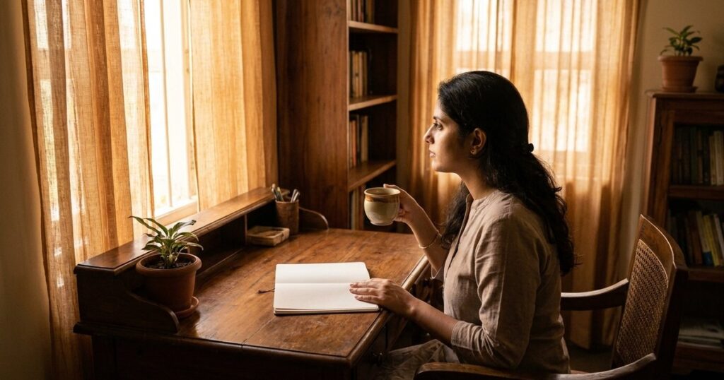 An Indian woman contemplating her Personal Opportunity Portfolio at a desk in warm afternoon light.